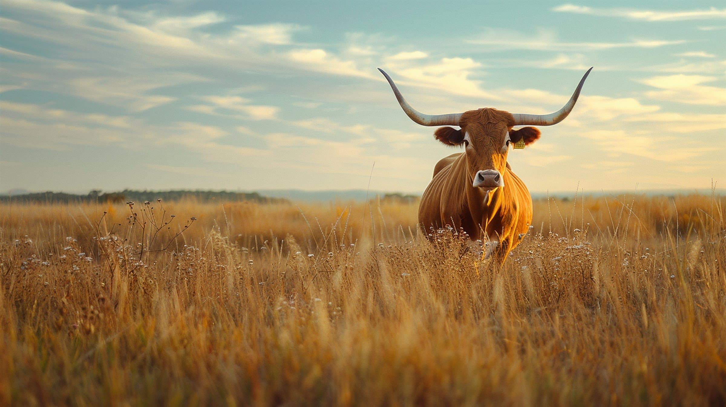 A Texas longhorn standing in a golden field at sunset